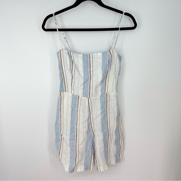 Reformation Pinstripes Spaghetti Strap Zip Up Linen Beachy Romper - Picture 1 of 4